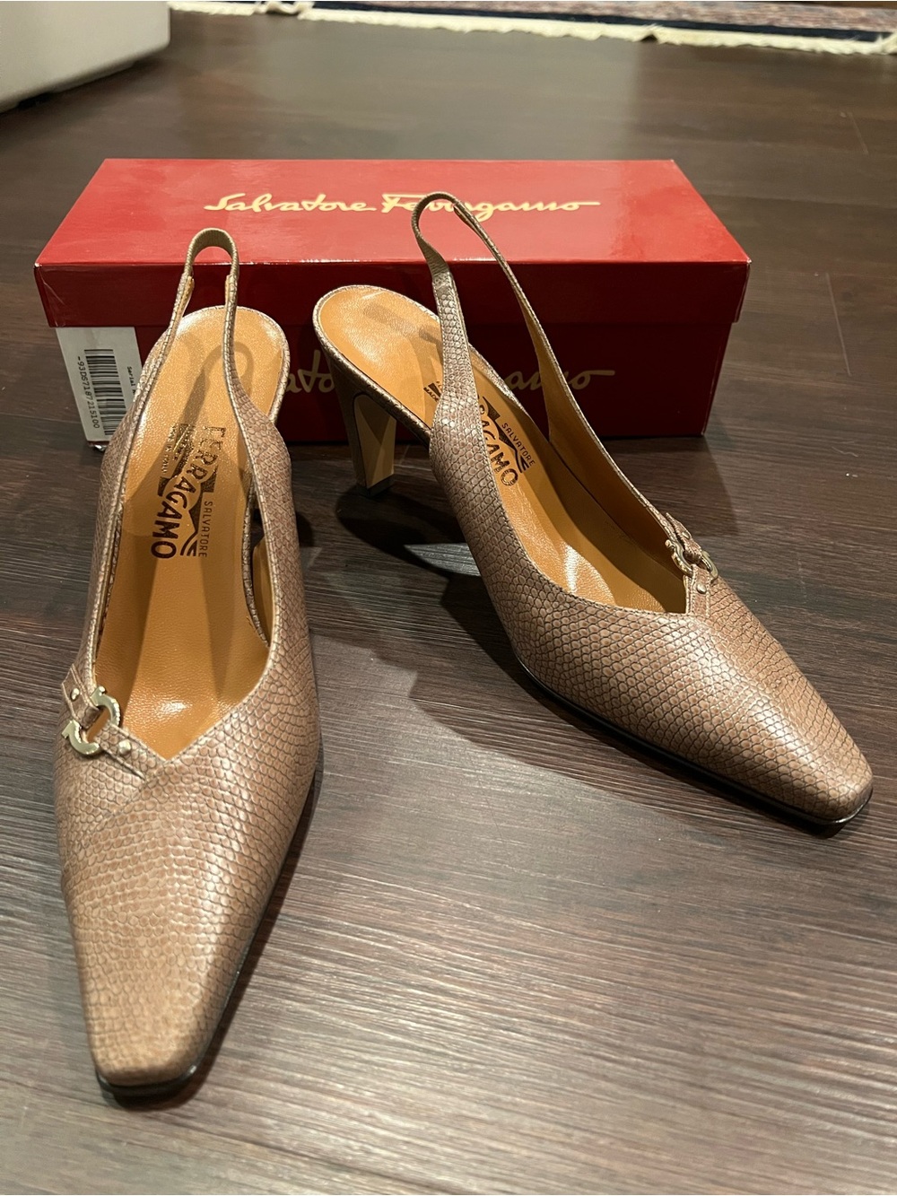 Salvatore Ferragamo Taupe Textured Slingback Pumps